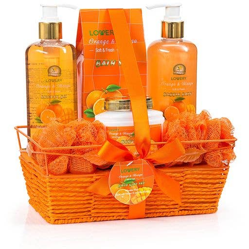 Home Spa Gift Basket in Orange Mango, Bath and Body Care Kit