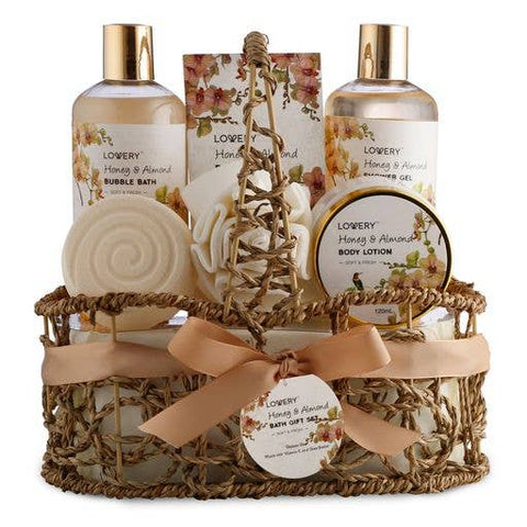 Home Spa Gift Basket - Honey Almond Scent - Luxury Bath Set